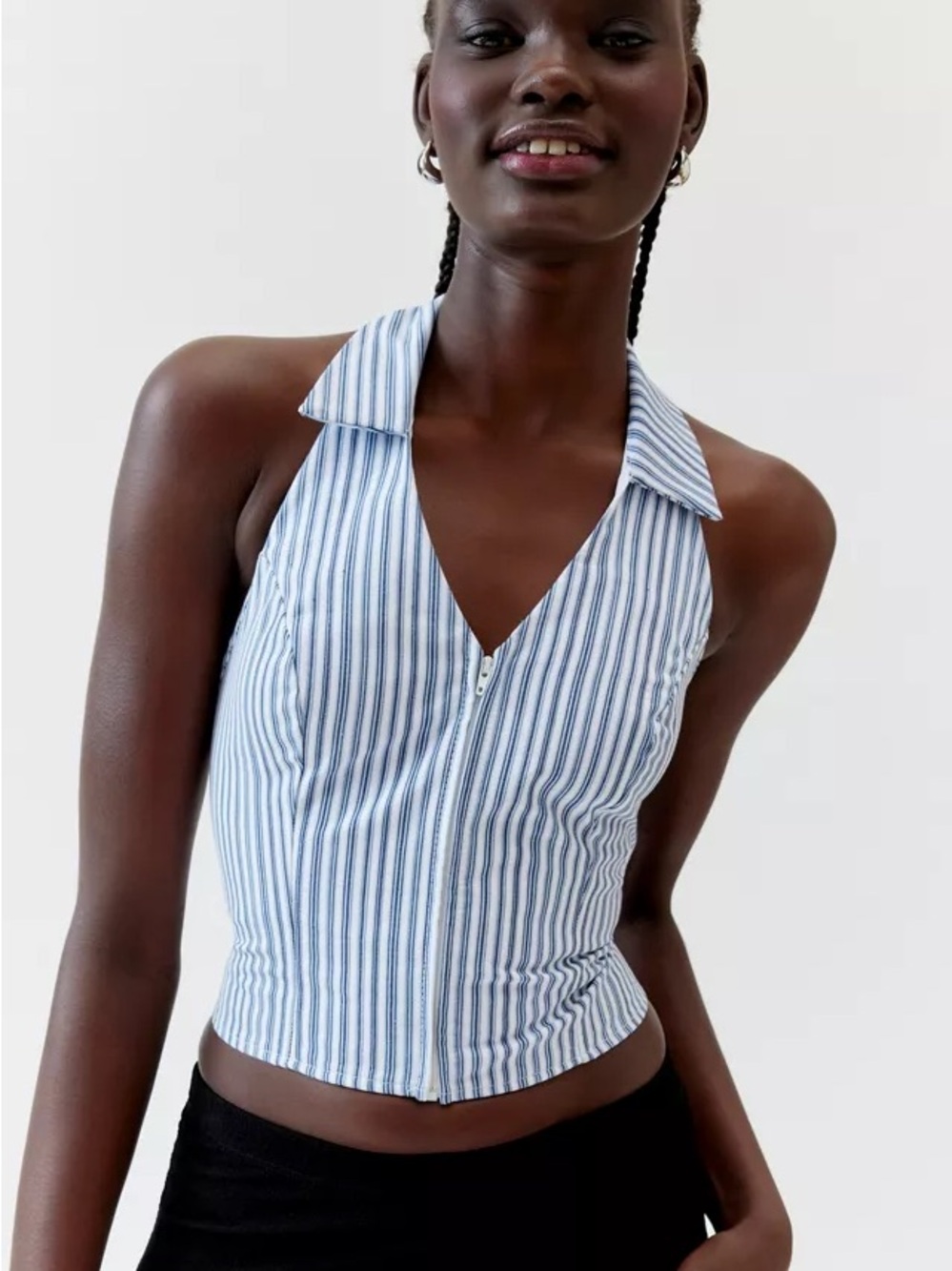 Urban Renewal Striped Zip-Front Halter Crop Top (S)